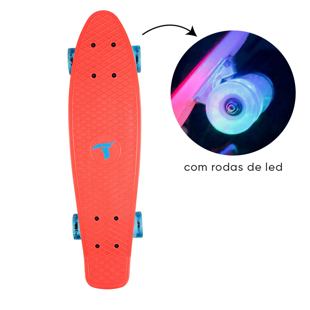 Skate Mini Cruiser Plástico Laranja Com Rodas de Led