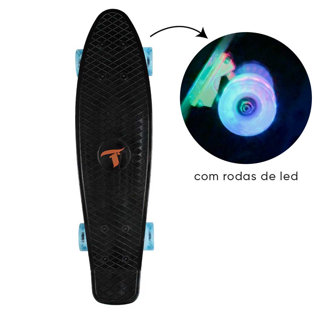 Skate Mini Cruiser Plástico Preto Com Rodas de Led